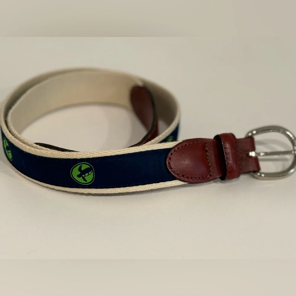 New Turtle Ribbon Canvas Green Navy Leather Belt Sz Medium 32”- 36”